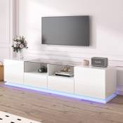 Meuble tv 165cm, avec éclairage led, portes, 2 tiroirs, plateau de table en verre, style moderne - blanc - Blanc