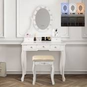 ML-Design Coiffeuse Table de Maquillage Blanc avec Tabouret, Éclairage LED, Miroir et 5 Tiroirs, 80 x 129 x 40 cm, Table de Toilette Moderne en Bois