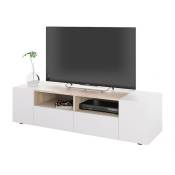 Pegane - Meuble tv décor blanc et chêne - Dim : l 138 x p 42 x h 34 cm
