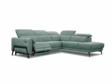 Canapé d'angle droit, scala 5 places, relax électrique, tissu vert