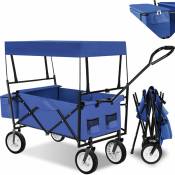 Chariot de jardin pliable 80 kg avec toit + sacoche - chariot de transport a main, remorque de jardin, charette a bras sur maison - bleu