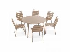 Ensemble table de jardin ronde et 6 chaises en métal taupe - palavas