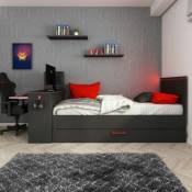 Iperbriko - Chambre 5040 avec lit simple avec lit gigogne et bureau intégré coloris anthracite et rouge réversible