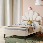 Lit simple 90x200 cm, lit enfant - avec tête de lit en forme de fleur et Sommier à lattes - tissu velours - Beige - Beige