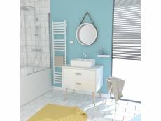 Meuble salle de bain scandinave blanc 80 cm sur pieds avec tiroir, vasque a poser et miroir rond