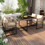 Salon de jardin 4 places avec 4 chaises empilables et 1 table à manger avec plateau en verre, pieds en fer, style contemporain - beige