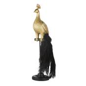 Statue paon doré sur pied noir et queue en plumes noires H55