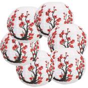 6 Pack 12 Pouces Rouge Cerisier Fleurs Lanterne en Papier Blanc Rond Chinois Japonais Lampe en Papier pour la DéCoration de FêTe de Mariage