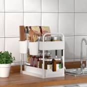 Aqrau - Etagere de cuisine usages multiples à 2 niveaux/Panier de collection de salle de bain coulissant avec crochets - Blanc