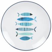 Assiette plate en porcelaine blanche imprimé poissons