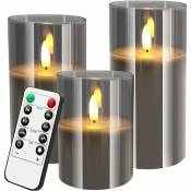 Ensemble de bougies sans flamme en verre gris, 3 pièces (d : 3 'x h : 10,2 cm/12,7 cm/15,2 cm, bougie à piles scintillantes, bougie colonne led en