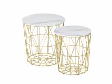 Lot de 2 tables basses gigognes - tables d'appoint rondes encastrables style néo-rétro bicolore structure métal doré plateau mdf aspect marbre blanc