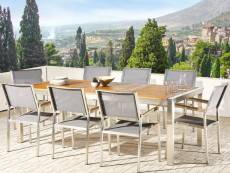 Table de jardin plateau bois eucalyptus 220 cm et 8 chaises grises grosseto 215167