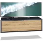 Vladon - Meuble de tv Armoire suspendue Lowboard Lana 100 noir mat - haute brillance - Façades en Chêne Nature - Façades en Chêne Nature