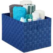 1x Panier de rangement avec poignée, plastique, aspect tressé, 26 x 40 x 30 cm, corbeille salle de bain, boîte, bleu