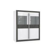Armoire vitrine 2 portes blanc laqué décor gris béton et led - calvi