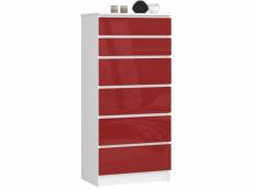 Commode akord k60 blanche 60 cm 6 tiroirs façade rouge brillante 60x40x130 cm meuble de rangement commode de chambre pour le salon couloir bureau dres
