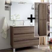 Cosyneo - Ensemble meuble de salle de bain 80cm simple vasque + colonne de rangement - tiris - Britannia (chêne foncé)