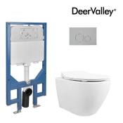 DeerValley Pack wc suspendu Bati-support +WC mural suspendu avec couvercle de toilette blanche+Plaque chromeDV-1F0069-CF - White