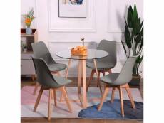 Ensemble de table et chaises de style scandinave - table ronde transparente φ80*75cm et 4 chaises grises élégantes 46x43x83cm