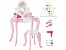 Giantex 2 en 1 coiffeuse princesse enfants avec tabouret, table de maquillage avec miroir rotatif et double face, sèche-cheveux, dispositif anti-bascu
