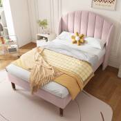 Lit simple capitonné 90x200cm avec sommier à lattes en bois et tête de lit, lit ado, lit enfant - lit en velours rose