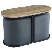 Mobilier Deco - nadia - Ensemble table basse couleur bois avec 2 poufs encastrables en tissu gris foncé - gris foncé
