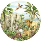 Papier peint intissé auto-adhésif rond animaux de la jungle - Lion, éléphant, perroquet en couleur - 70 x 70 cm