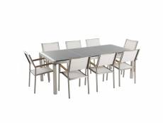 Table de jardin en plateau granit gris poli 220 cm avec 8 chaises blanches grosseto 33329