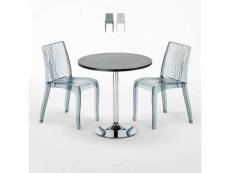 Table ronde noire 70x70cm avec 2 chaises colorées