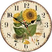 34 cm Belle Tournesol Horloge Murale, Vintage Floral Silencieux Non tic-tac Horloges, en Bois Rond Facile à Lire Pendules murales pour la Cuisine/Le