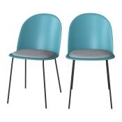 Chaise bleue en plastique, tissu gris et pieds en métal