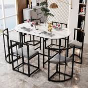 Ensemble table de salle à manger en imitation marbre ensemble de table de cuisine avec table et 6 chaises à dossier, structure métallique, noir - Noir