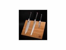 Le set essentiel plus : 3 couteaux dont couteau d'office, gyuto, couteau à pain et porte-couteaux, fusil à aiguiser - kotai - bambou