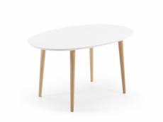 Table à manger extensible ovale en mdf laqué blanc et pieds en bois hêtre - longueur 140/220 x profondeur 90 x hauteur 74 cm