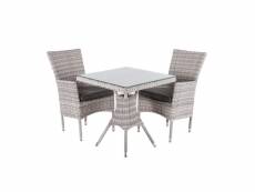 Table carrée 70cm et 2 fauteuils aluminium gris plat