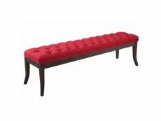 Banc avec assise en tissu rouge rembourrée capitonné 150 cm style chesterfield pieds bois foncé ban10067