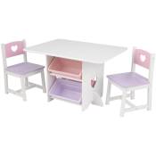 Ensemble table avec 4 bacs de rangement et 2 chaises rose et violet