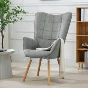 Fauteuil avec revêtement en tissu gris, cadre de dossier en métal, assise en contreplaqué et pieds en bois naturel de style scandinave - Gris/Bois