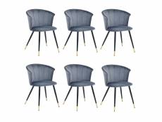 Lot de 6 chaises de salle à manger vintage fauteuil assise rembourrée en velours pieds en métal noir et or pour cuisine salon chambre bureau, gris