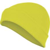 Bonnet jaune fluo double épaisseur tricot acrylique.
