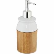 Distributeur de savon bambou, céramique, rechargeable, 225 ml, pompe, salle de bain, WC, nature/blanc