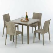 Grand Soleil - Table carrée beige + 4 chaises colorées Poly rotin synthétique Elegance Chaises Modèle: Bistrot Beige Juta