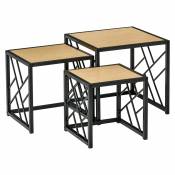 HOMCOM Ensemble de 3 tables basses gigognes tables d'appoint de tables de chevet encastrables panneaux particules métal bois naturel noir