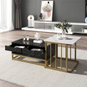 Lot de 2 table basse gigogne, 2 table basse de forme carrée, plateau en marbre,pied d'or, blanc et noir, 50x50x45cm+75x40x33cm
