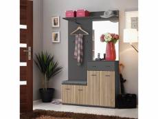 Meuble d'entrée avec meuble à chaussure, commode, miroir et penderie collection polo coloris gris et chêne.