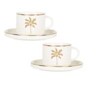 Tasse à thé et soucoupe en porcelaine blanche motif palmier doré et marron