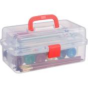 Boîte en plastique transparente, 9 compartiments pour petits objets, Poignée, hlp 14x33x19 cm, rouge - Relaxdays