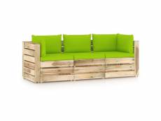 Canapé de jardin 3 places avec coussins bois imprégné de vert