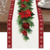 Ccykxa - Chemin de Table de Noël(33x180cm), Chemin de Table en Lin de Noël Rouge avec Imprimé de Cloche Arbre de Noël Fleur Rouge, Noël Table de Fête